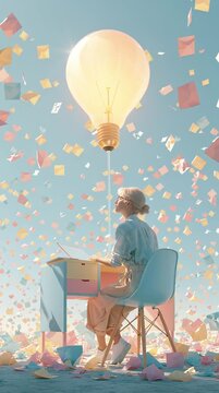 A creative woman sits at a colorful desk beneath a giant glowing light bulb floating like a balloon, surrounded by smaller paper shapes representing ideas in a bright studio.