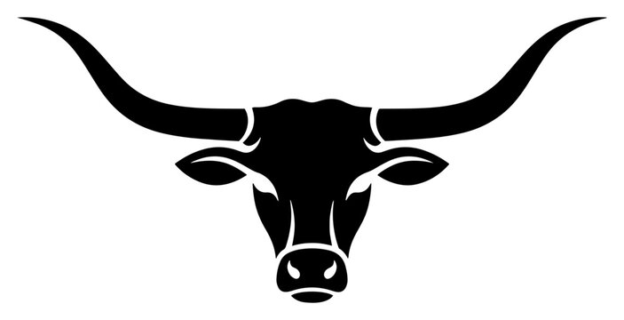 Longhorn bull head silhouette with wide horns representing texas ranch culture and western spirit black graphic style