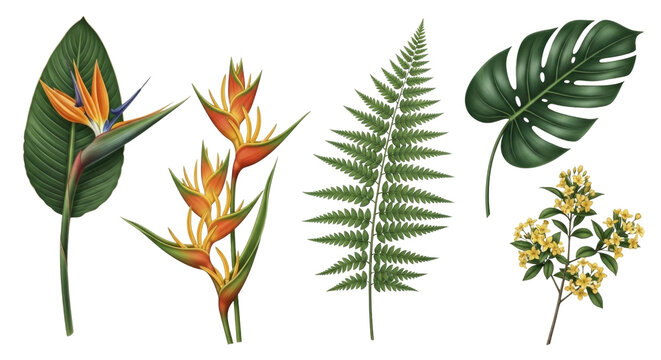 Tropical flowers and exotic leaves collection. Botanical plant set Cutout PNG