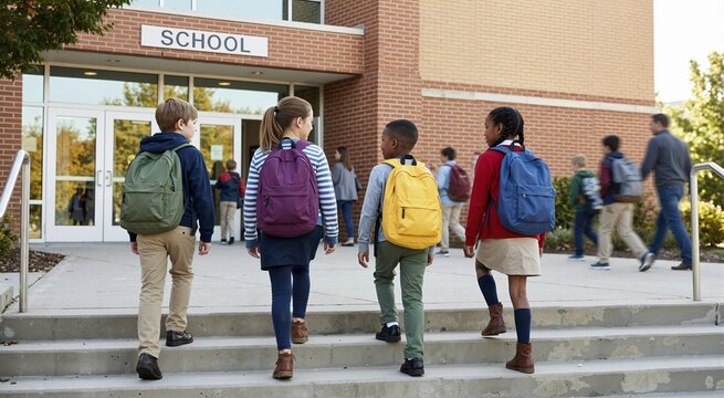Group of children with colorful backpacks walking up steps to a school building. Elementary students arriving at the entrance in the morning. Back to school concept