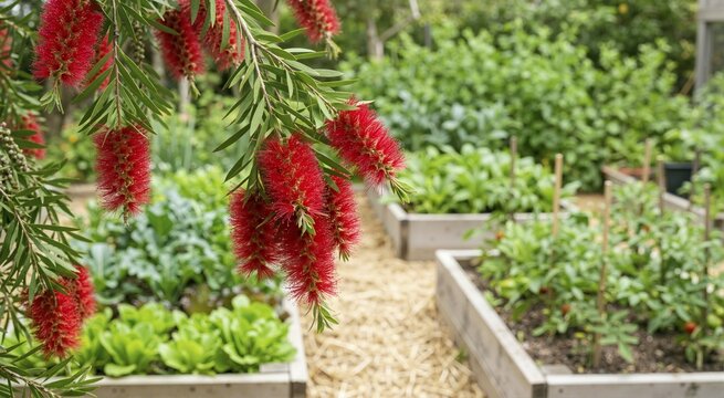 Red bottlebrush tree blossoms hanging over raised garden beds. Callistemon flowers in a lush vegetable patch. Garden biodiversity and flowering plants concept