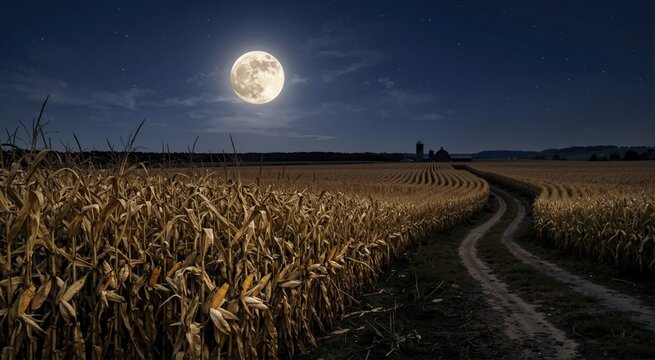 Bright full moon over a cornfield with a distant barn and silo. Night farm landscape under a starry sky