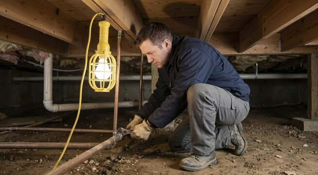 Plumber repairing copper pipes in a dirt crawl space. Male contractor using a wrench under a house illuminated by a yellow work light