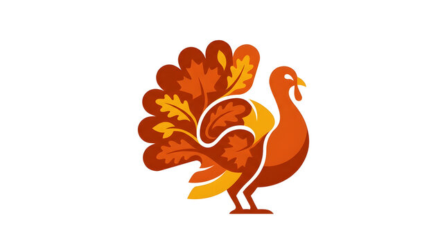 Thanksgiving turkey logo vector illustration with autumn maple and oak leaves tail, isolated on white background