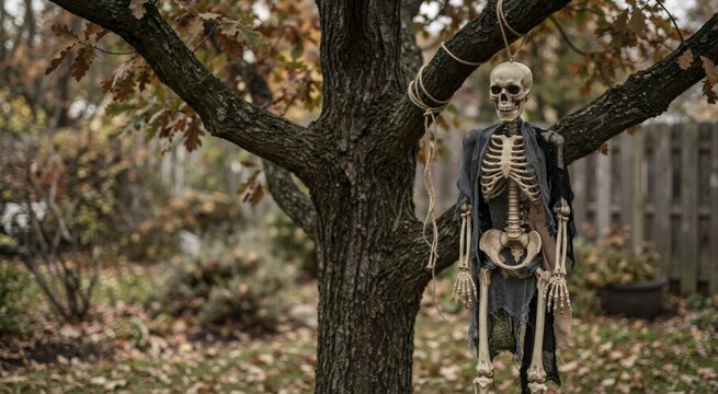 Plastic skeleton hanging from a rope on a large tree branch. Spooky Halloween yard decoration in autumn. Eerie outdoor scene with fall leaves