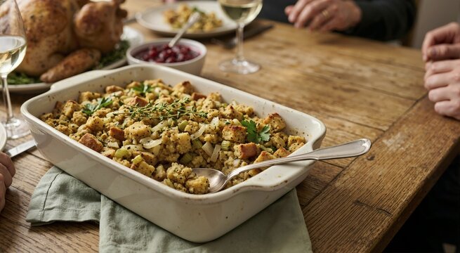 Baked bread stuffing in a white ceramic dish on a wooden table. Traditional Thanksgiving side dish with herbs and a serving spoon