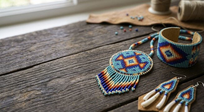 Native American beaded jewelry on a rustic wooden table. Handmade indigenous necklace and bracelet with geometric patterns. Traditional beadwork craft