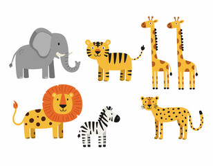 Naklejka premium Cute cartoon wild safari animals vector illustration set isolated on white background