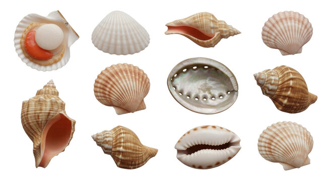 Collection of various sea shells. Marine mollusk set for beach design Cutout PNG