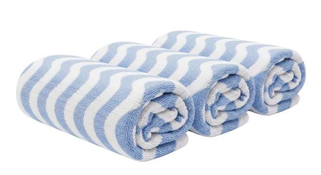 Three rolled blue and white towels. Soft bathroom textile accessories Cutout PNG