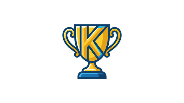 Golden trophy cup with letter K logo on white background