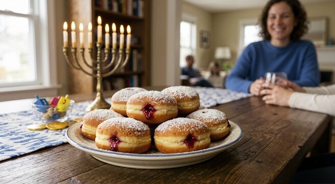 Traditional Hanukkah sufganiyot jelly donuts on wooden table. Jewish holiday celebration with lit menorah and dreidels in background