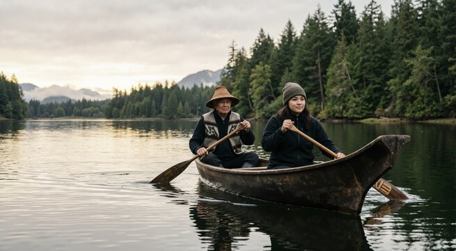 Traditional indigenous dugout canoe on a mountain lake. Older man and young woman paddling in a forest landscape. First Nations heritage and culture