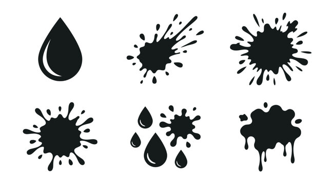 Isolated ink drops and splatter designs combine to form a cohesive artistic pattern collection.