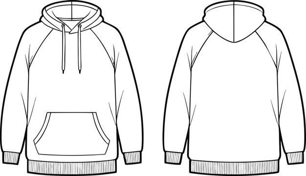 Front and back view of a unisex raglan sleeve hoodie with drawstrings and front kangaroo pocket