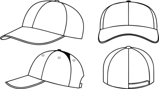 Set of four baseball cap views including front side and back angles in black and white outline