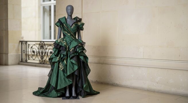 Mannequin displaying a dramatic emerald green and black haute couture gown with gold embroidery. Luxurious designer dress exhibited in an elegant stone hallway. Fashion showcase