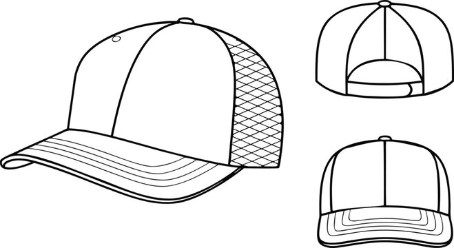 Technical fashion of a mesh back baseball cap with front and back views in outline style