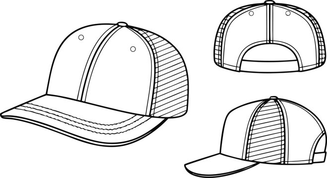 Technical fashion of a mesh back trucker hat with front, back, and side views in outline