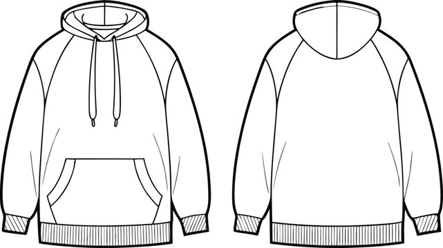 Technical fashion of a pullover hoodie with front and back views in simple outline style