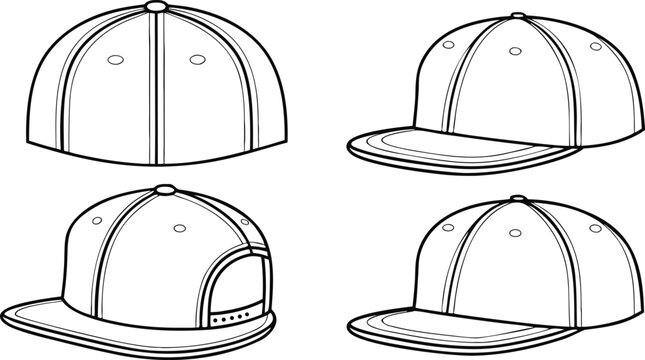Four views of a baseball cap with flat brim and snapback closure in black and white outline
