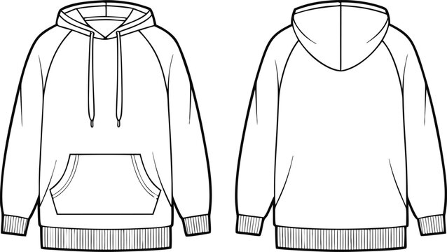 Technical fashion of a pullover hoodie with front and back views in simple outline style
