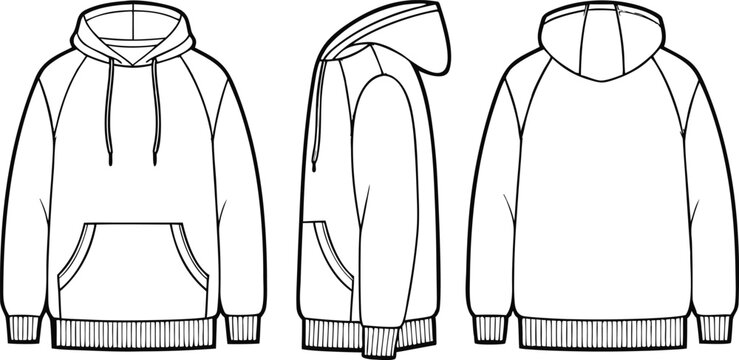 Technical fashion of a unisex pullover hoodie with front, side, and back views in outline