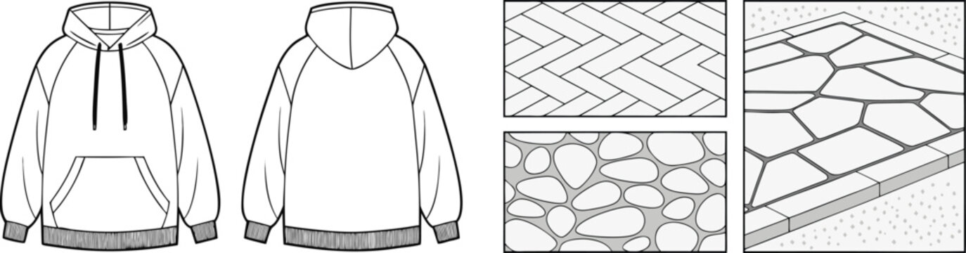 Technical of a hoodie template paired with various paving and stone texture patterns