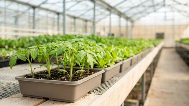 Junge Pflanzen bewegen sich im Luftstrom eines Gew&auml;chshauses