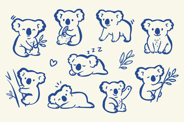 Cute koala doodle collection featuring playful poses, eucalyptus branches and sleepy koala characters in whimsical naive hand drawn line art. © Colomba Rossa