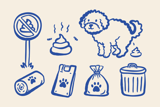 Hand drawn blue line art mini set featuring a no-pooping sign, dog, poop, waste bag, bag roll and trash bin, created for pet care, park etiquette and responsible dog ownership.