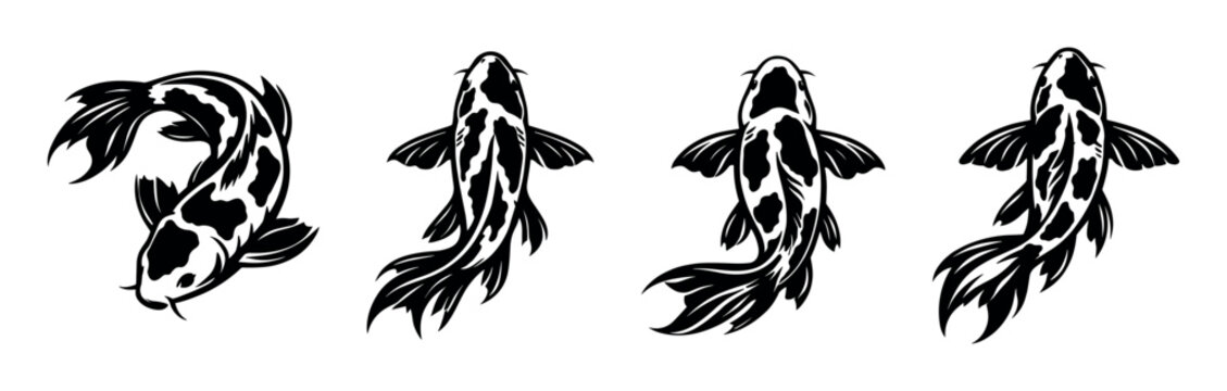 Collection of stylized black and white koi fish swimming in different directions