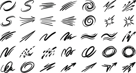 Fototapeta premium Set of hand drawn abstract scribble shapes and doodle elements isolated on a white background for design