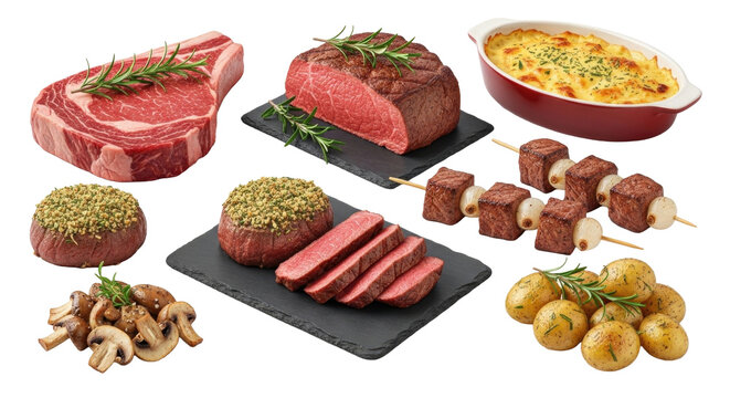 Assorted gourmet beef cuts and side dishes. Premium meat collection Cutout PNG