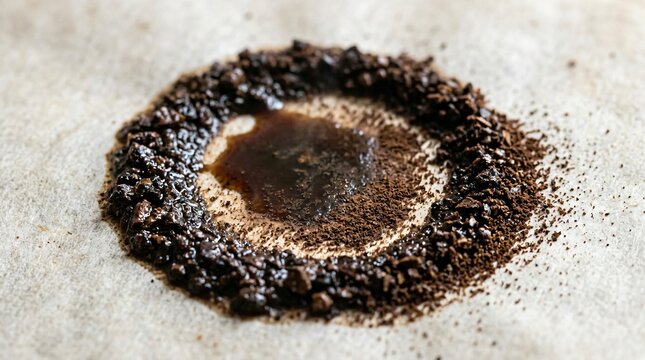 Coffee grounds blooming in circle on filter paper during pour-over brewing, specialty coffee day concept.