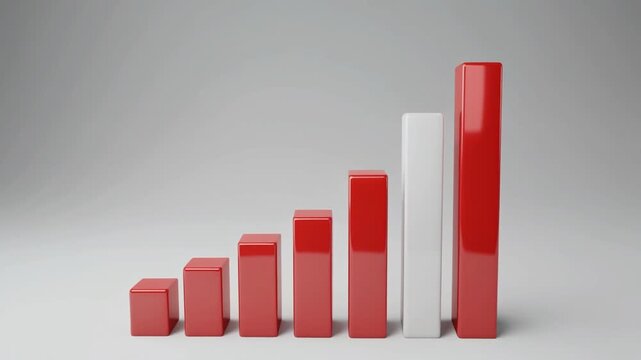 Minimalist red-and-white vertical bar chart showing sequential upward growth. Clean light background, simple design illustrating steady progress, rising values, and positive financial trends. 