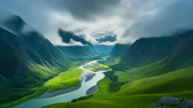 A dramatic green mountain valley with a winding river flowing through lush fields beneath cloudy skies, representing nature, travel, adventure, wilderness, scenery, and tranquility.
