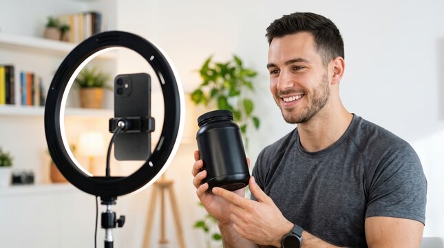 A man is in a bright room holding a black container. He is speaking to a camera set up with a ring light. Books and plants are visible in the background