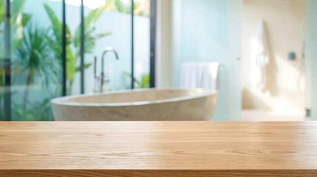 Empty wooden table top in modern luxury bathroom with bathtub and tropical plants for product display mockup frame.