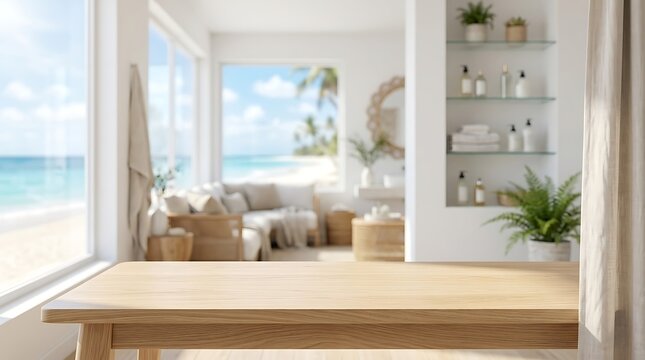 Empty wooden table surface in modern bright beach villa interior for product presentation background website banner