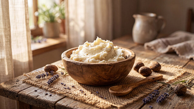 Shea butter in a wooden bowl with nuts and a scoop on a rustic table by a bright window