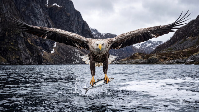 Bald eagle flying front view with wings spread wide over dark water below misty mountain cliffs