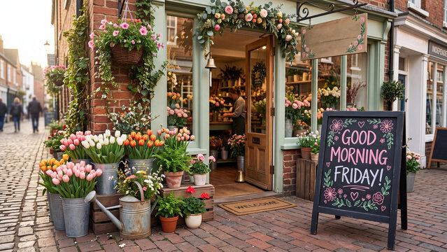 Good morning Friday chalkboard sign outside a flower shop with fresh blooms and hanging baskets