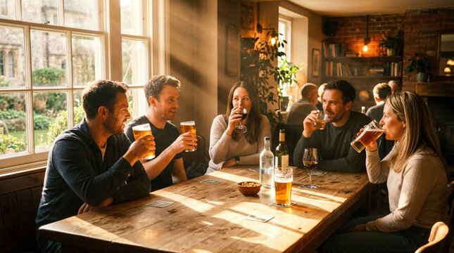 Group of friends drinking beer and wine around a wooden table in a sunlit cozy pub, enjoying casual social gathering and conversation.