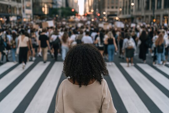 Back view of young woman standing at city crosswalk during protest
