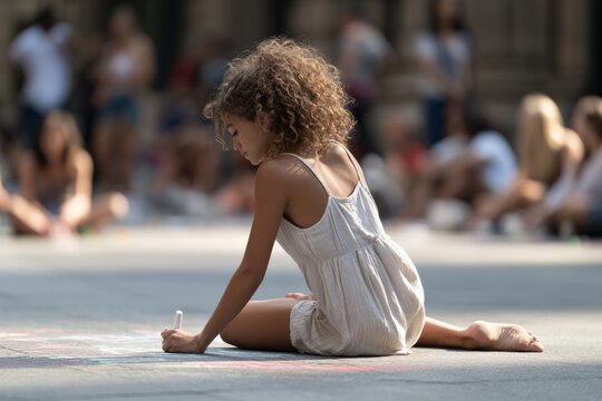 Colorful chalk message being drawn by young girl on city sidewalk with crowd in background