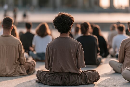 Back view of young adults sitting cross-legged in outdoor plaza
