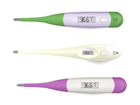 Digital thermometers in different colors on transparent background