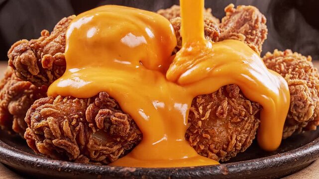 Crispy golden fried chicken wings being generously covered with smooth, warm, melted orange cheese