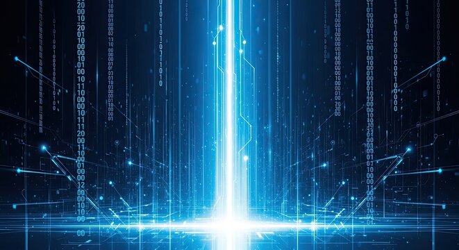 Abstract digital background with glowing blue light streaks and binary code patterns representing modern data processing technology